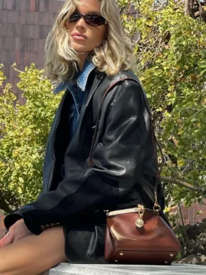 Elsa Hosk Biker Black Leather Long Blazer