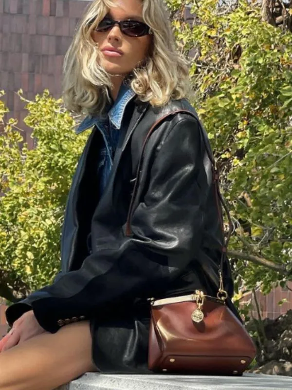 Elsa Hosk Biker Black Leather Long Blazer
