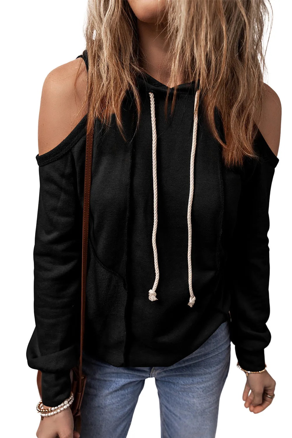 Exposed Seam Cold Shoulder Hoodie
