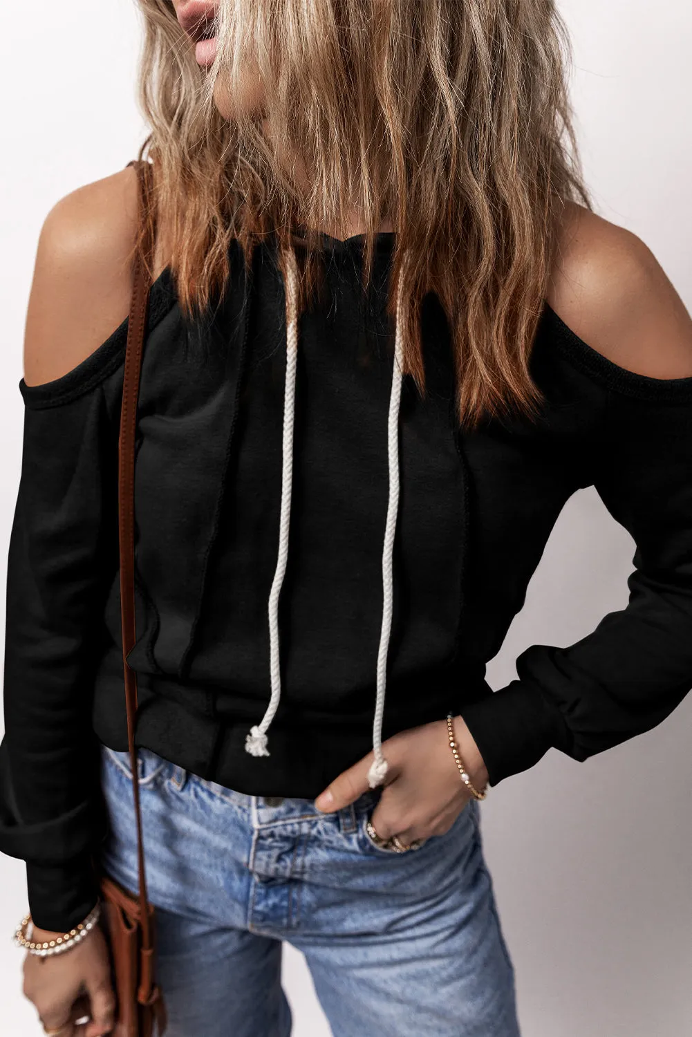 Exposed Seam Cold Shoulder Hoodie