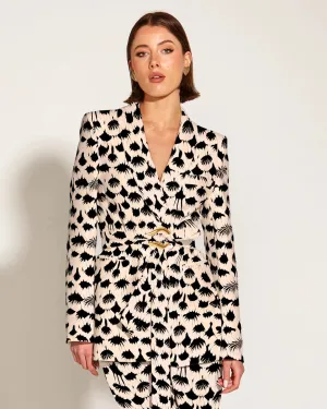 Fate & Becker - Fancy Like Wrap Gold Buckle Waist Tie Blazer - Black/White Fan
