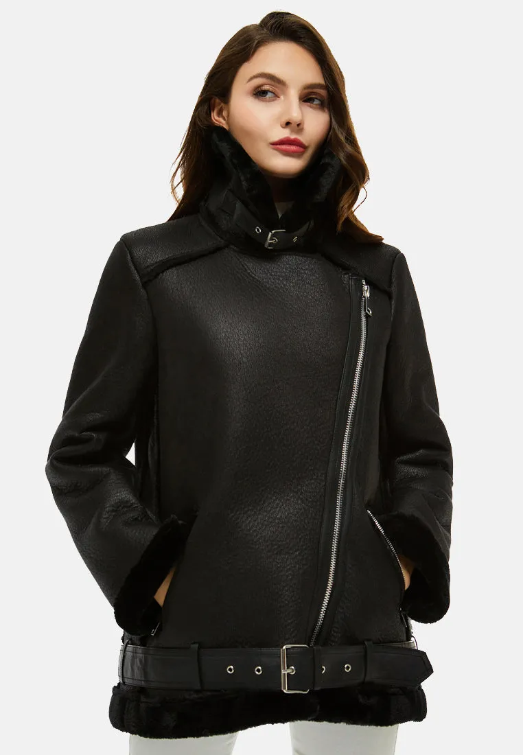 faux leather belted jacket with faux fur collar