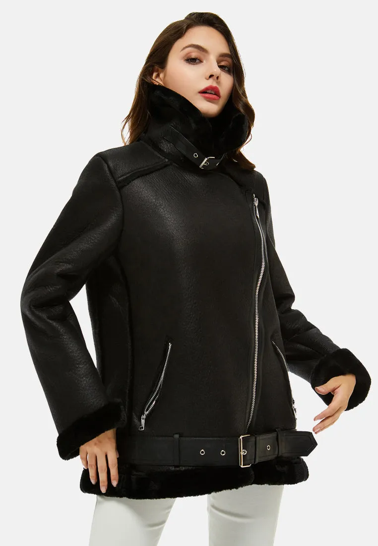 faux leather belted jacket with faux fur collar