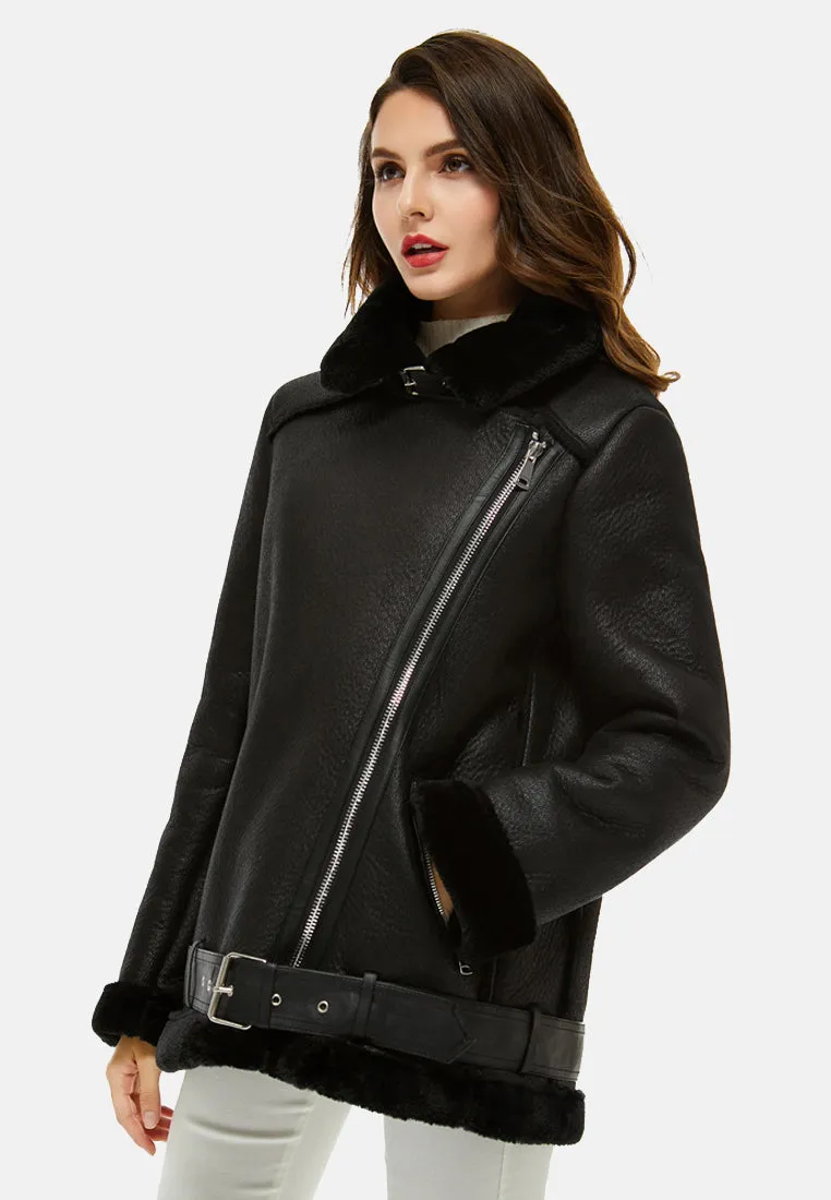 faux leather belted jacket with faux fur collar