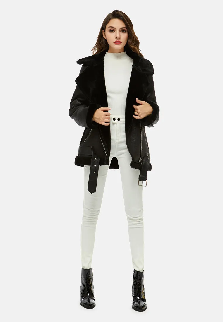 faux leather belted jacket with faux fur collar