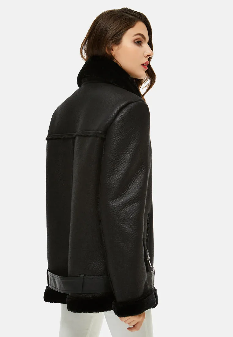faux leather belted jacket with faux fur collar