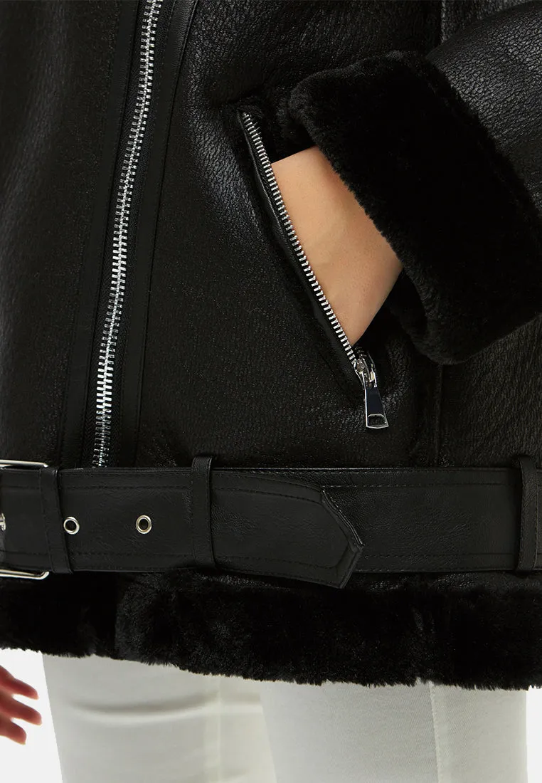 faux leather belted jacket with faux fur collar
