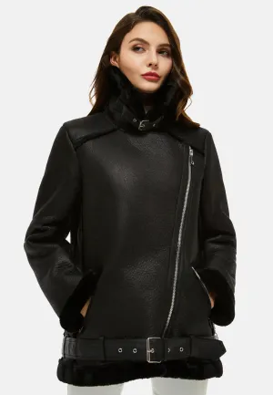 faux leather belted jacket with faux fur collar