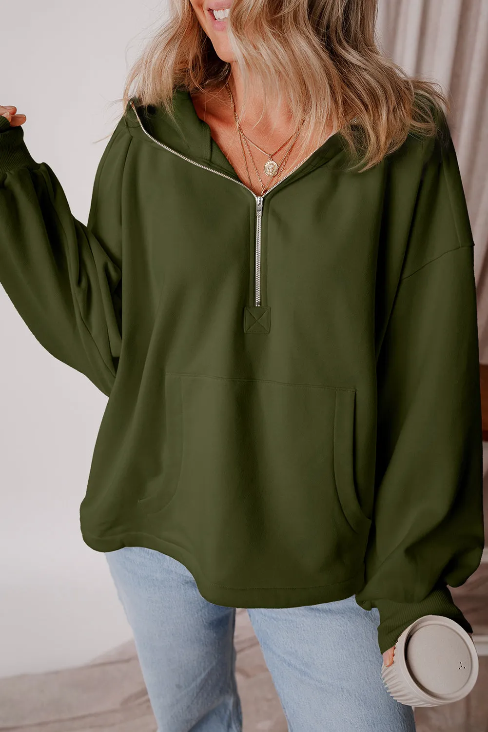 Fleece Lined Half Zipper Kangaroo Hoodie
