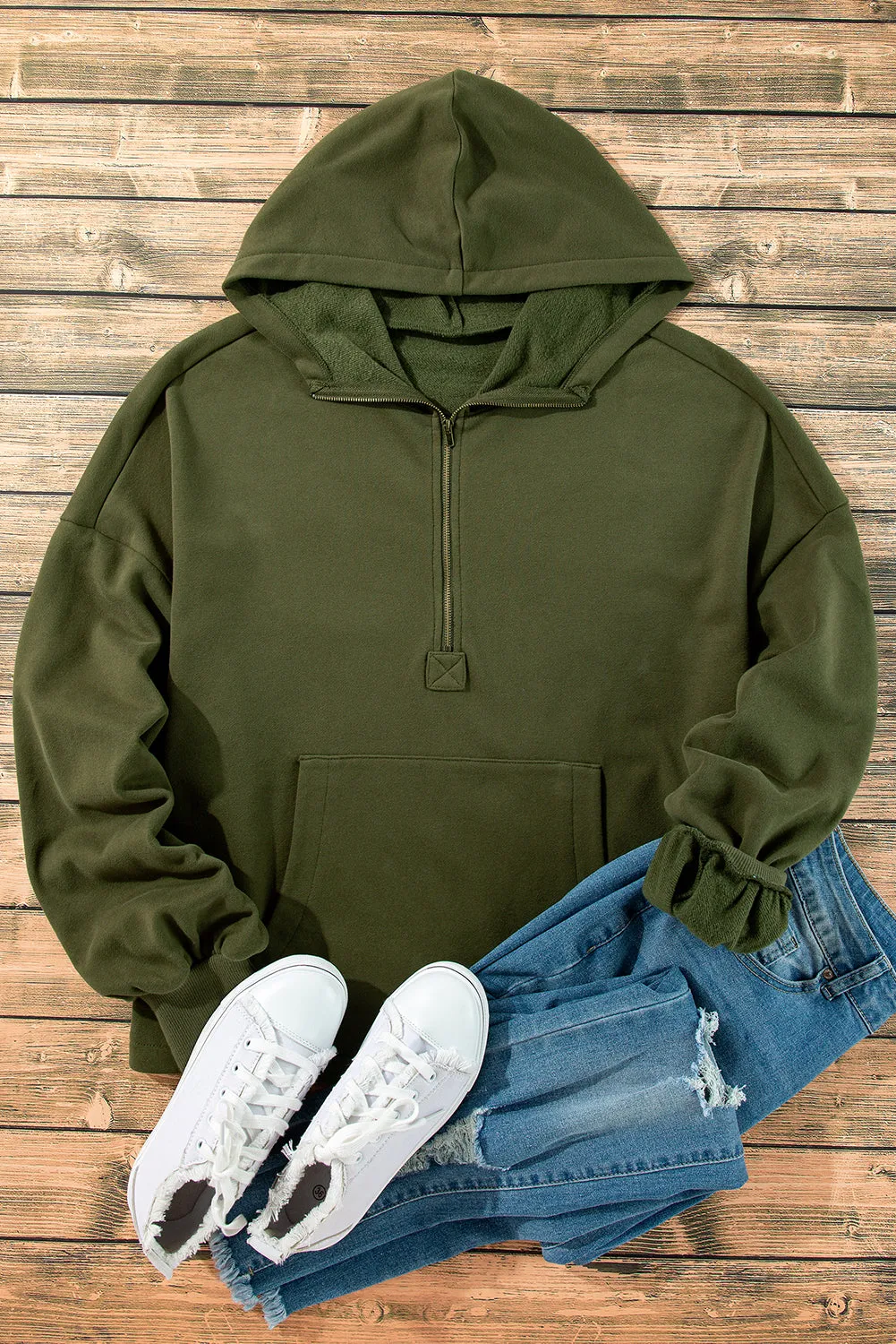 Fleece Lined Half Zipper Kangaroo Hoodie