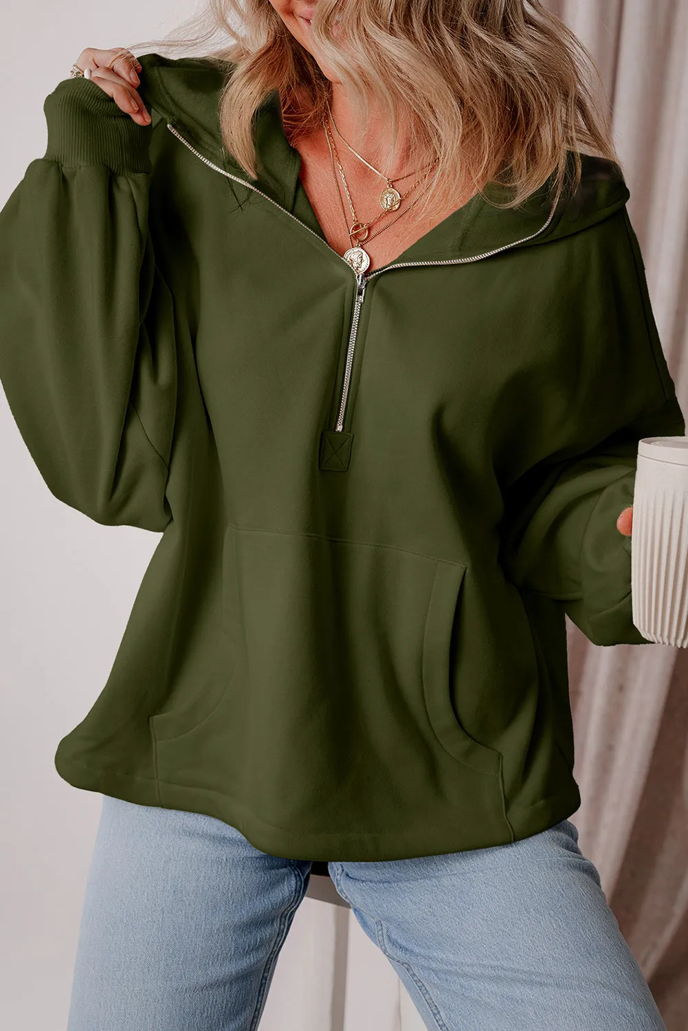 Fleece Lined Half Zipper Kangaroo Hoodie