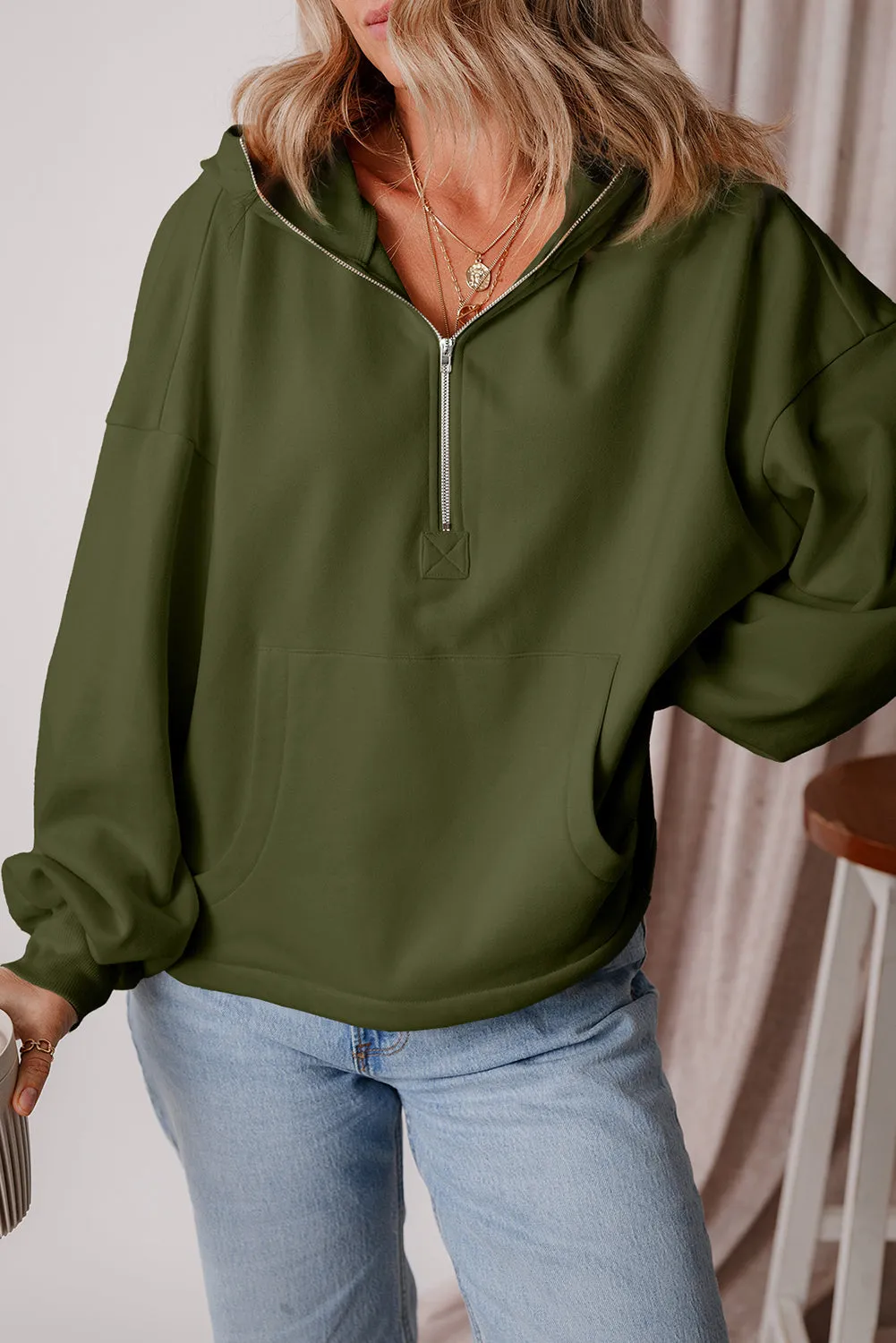 Fleece Lined Half Zipper Kangaroo Hoodie