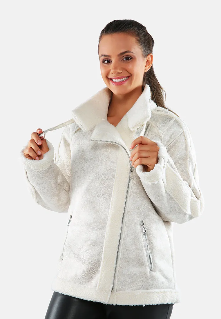 Fur Lined Faux Leather Biker Jacket