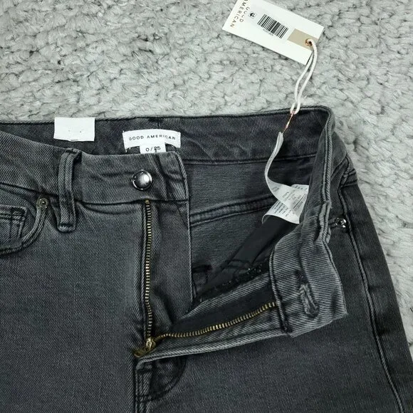Good American Good Classic Raw Hem High Rise Slim Straight Gray Jeans Size 0 25