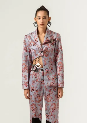 Gray satin printed blazer