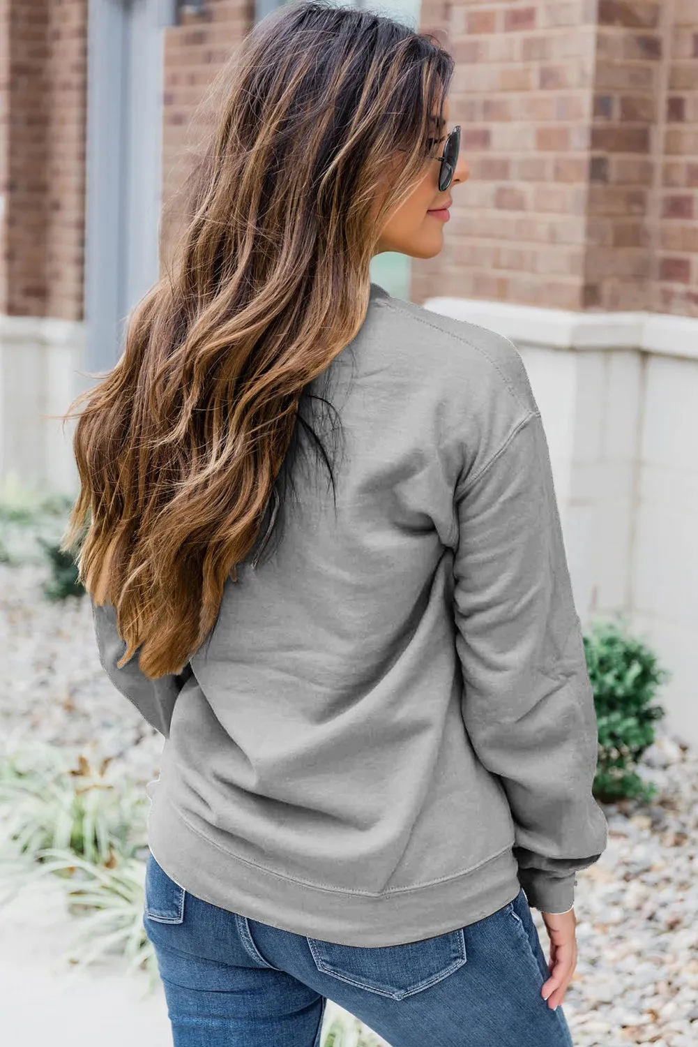 Gray Solid Color Crewneck Pullover Sweatshirt