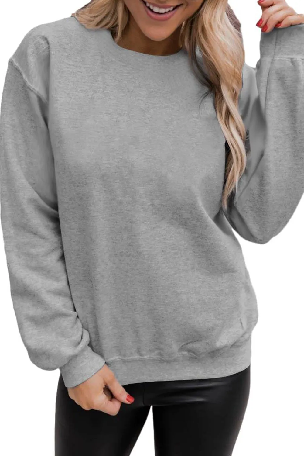 Gray Solid Color Crewneck Pullover Sweatshirt