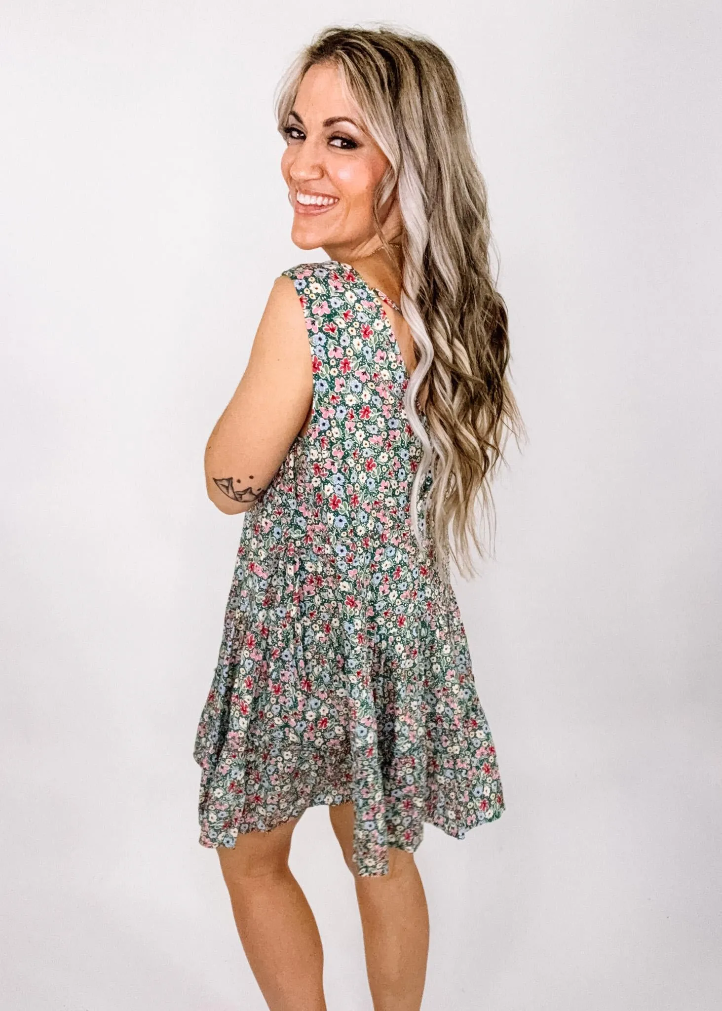 Green Lace Trim Floral Sleeveless Mini Dress