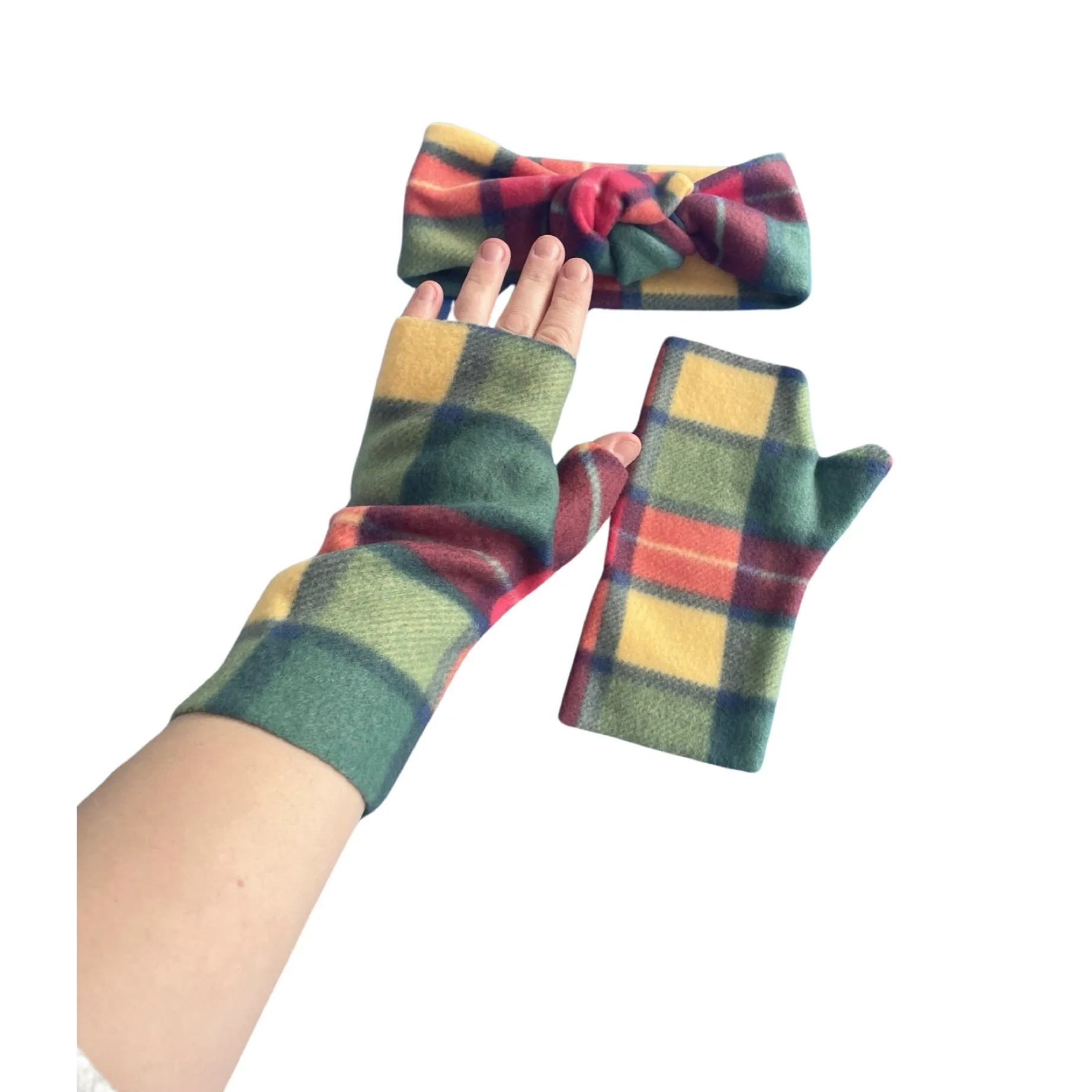 Green tartan fingerless gloves and ear warmer set for women