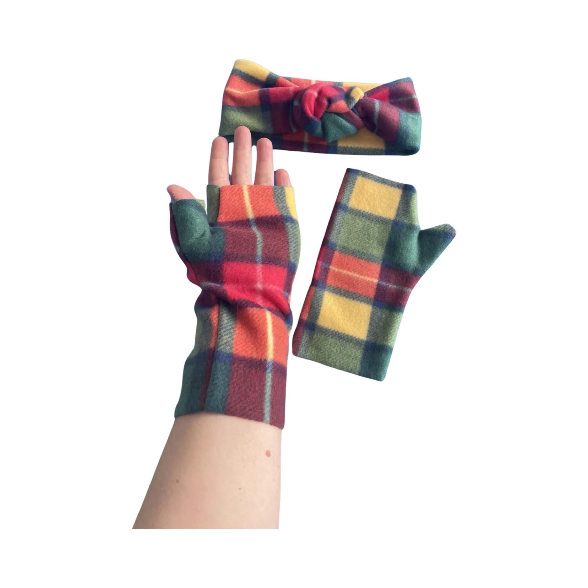 Green tartan fingerless gloves and ear warmer set for women