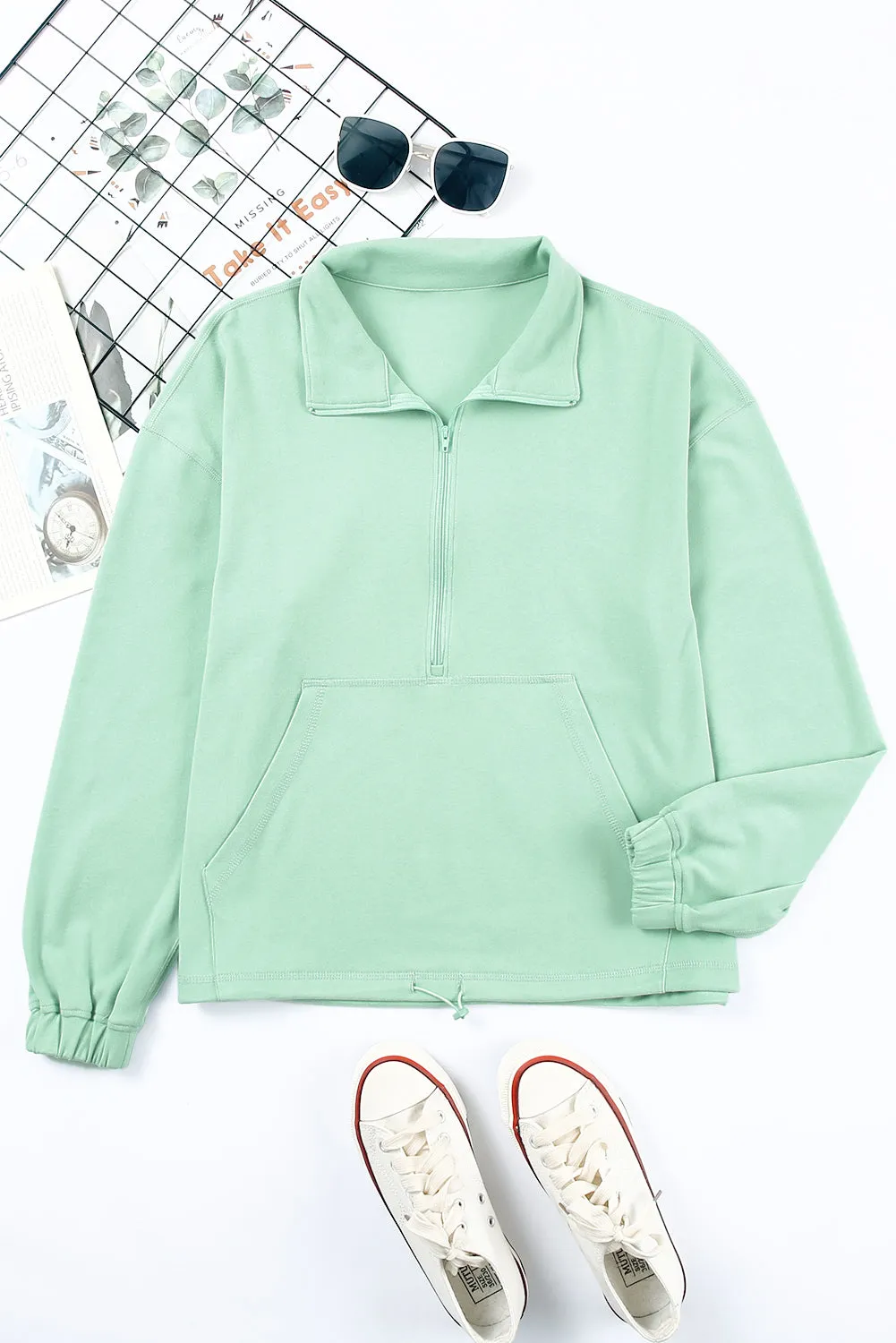 Green Zip Front Pocketed Pullover Sweatshirt