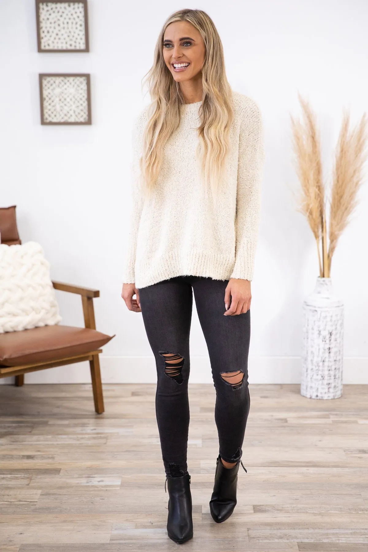 Grey Lightly Distressed Pull On Jeans