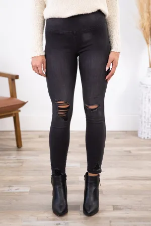 Grey Lightly Distressed Pull On Jeans