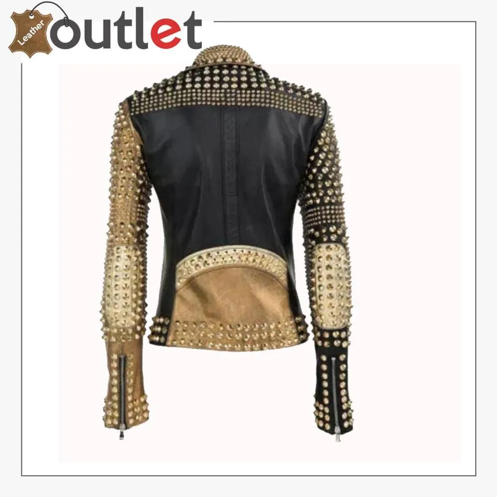 Handmade Womens Fashion Golden Studded Punk Style Leather Jacket