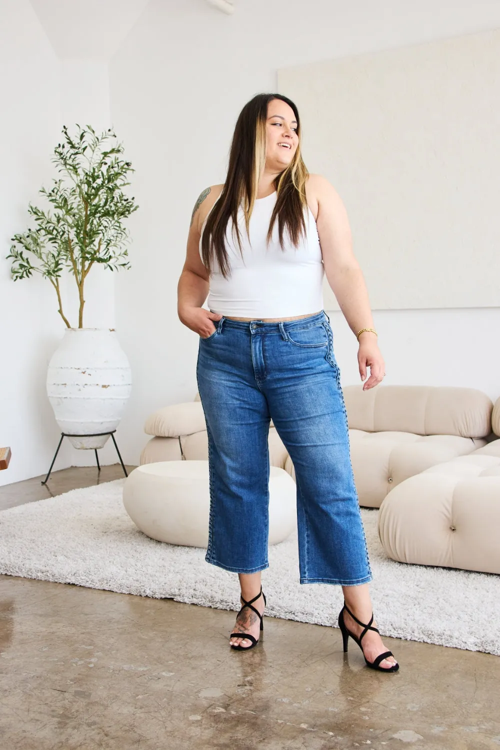 Hazel Blues® |  Judy Blue Braid Side Detail Wide Leg Jeans