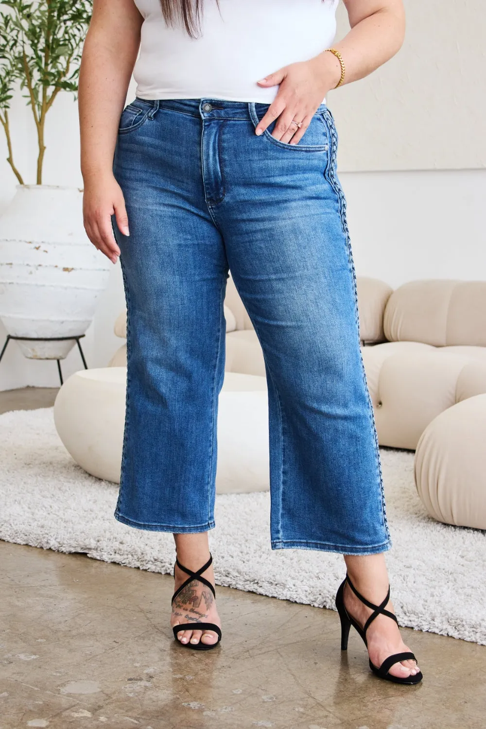 Hazel Blues® |  Judy Blue Braid Side Detail Wide Leg Jeans