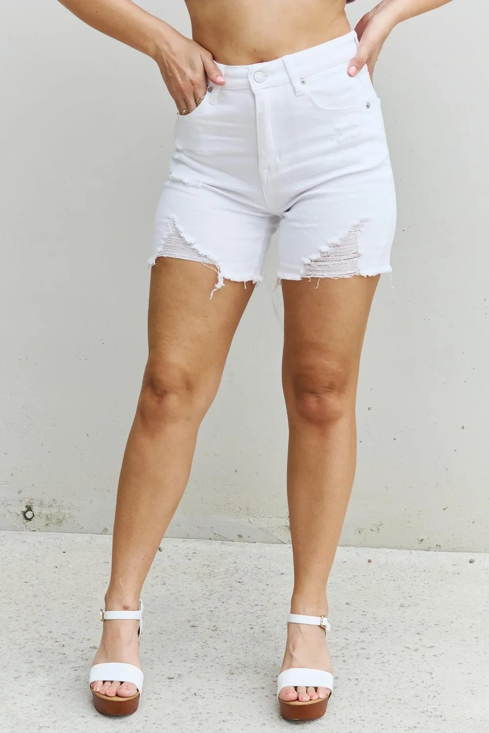 Hazel Blues® |  RISEN Ella High Waisted Distressed Thigh Shorts