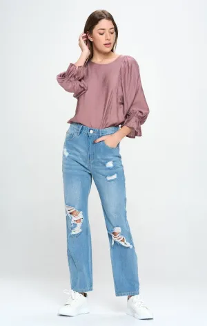 HIGH RISE RIPPED SLIM STRAIGHT JEANS