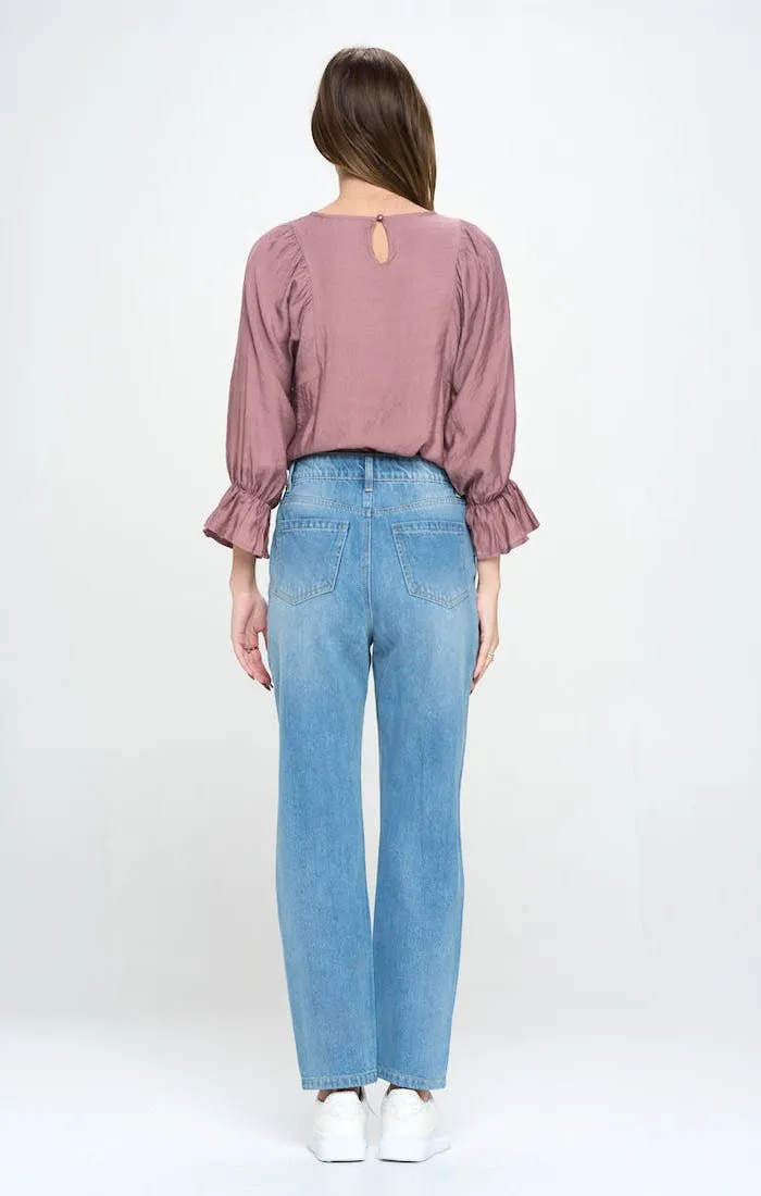 HIGH RISE RIPPED SLIM STRAIGHT JEANS