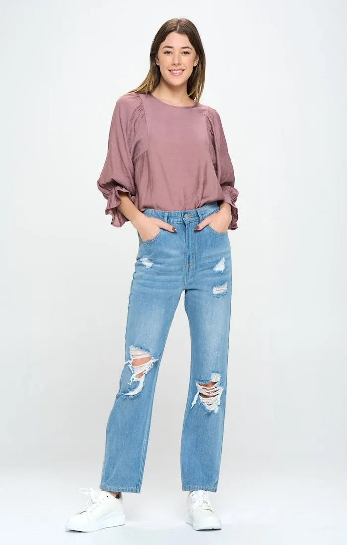 HIGH RISE RIPPED SLIM STRAIGHT JEANS