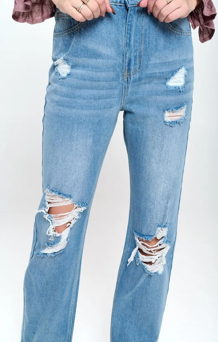 HIGH RISE RIPPED SLIM STRAIGHT JEANS