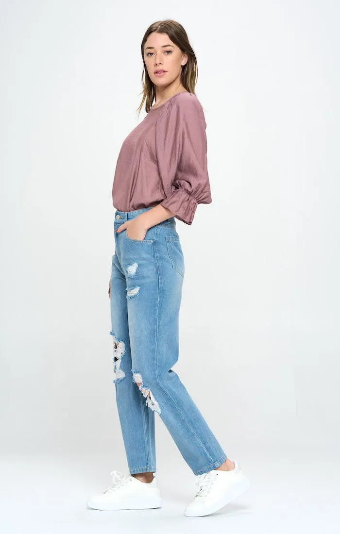 HIGH RISE RIPPED SLIM STRAIGHT JEANS