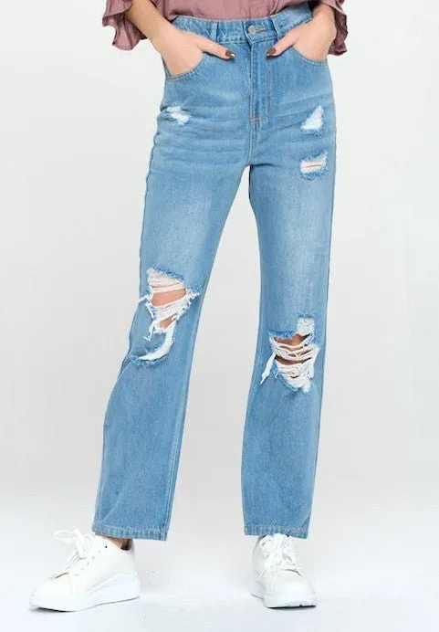 HIGH RISE RIPPED SLIM STRAIGHT JEANS