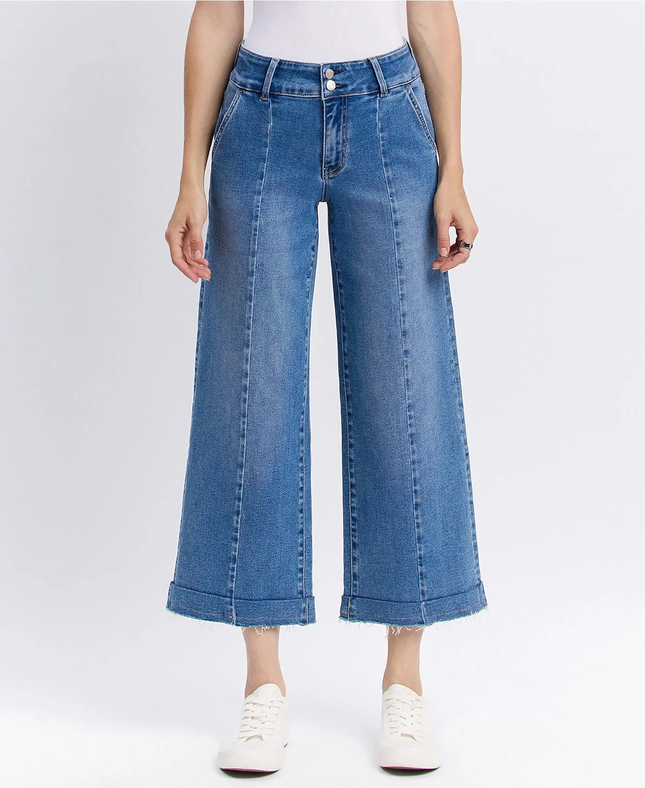 High Rise Two Buttons Trouser Hem Wide Jeans
