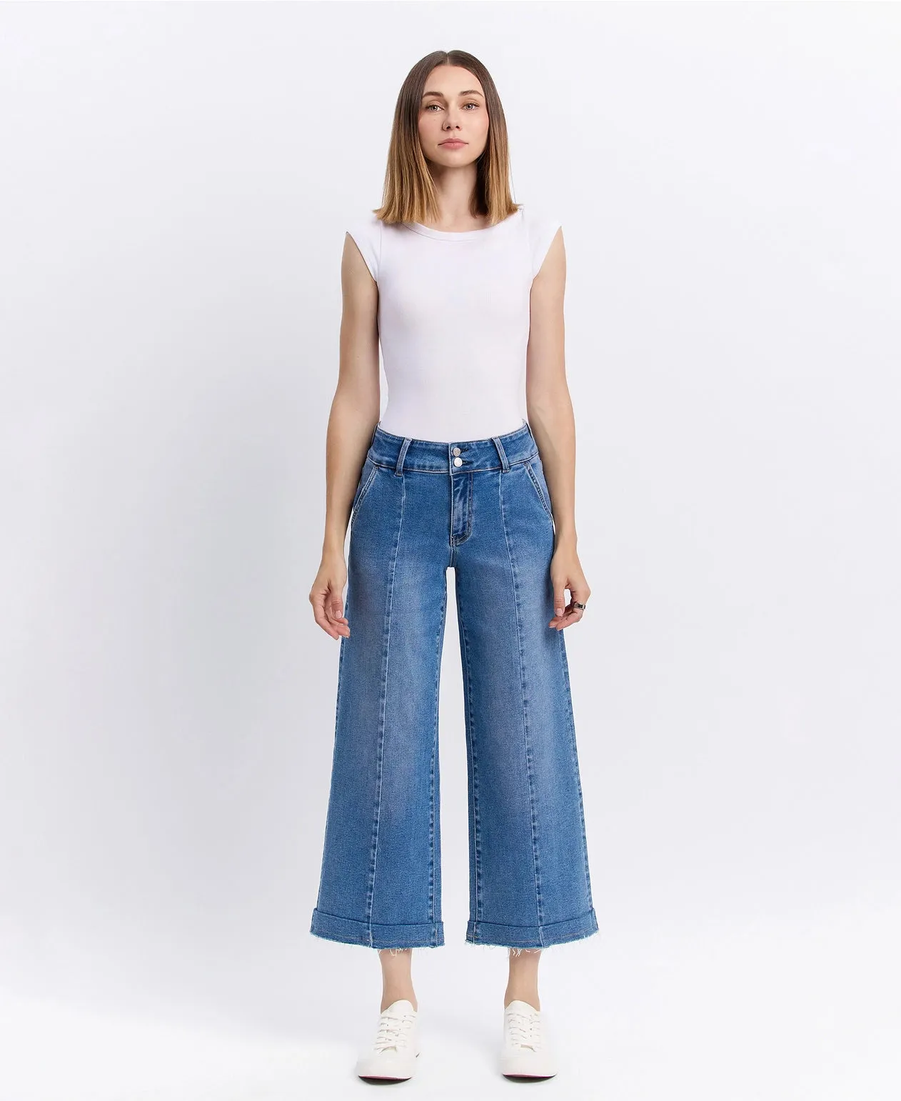 High Rise Two Buttons Trouser Hem Wide Jeans