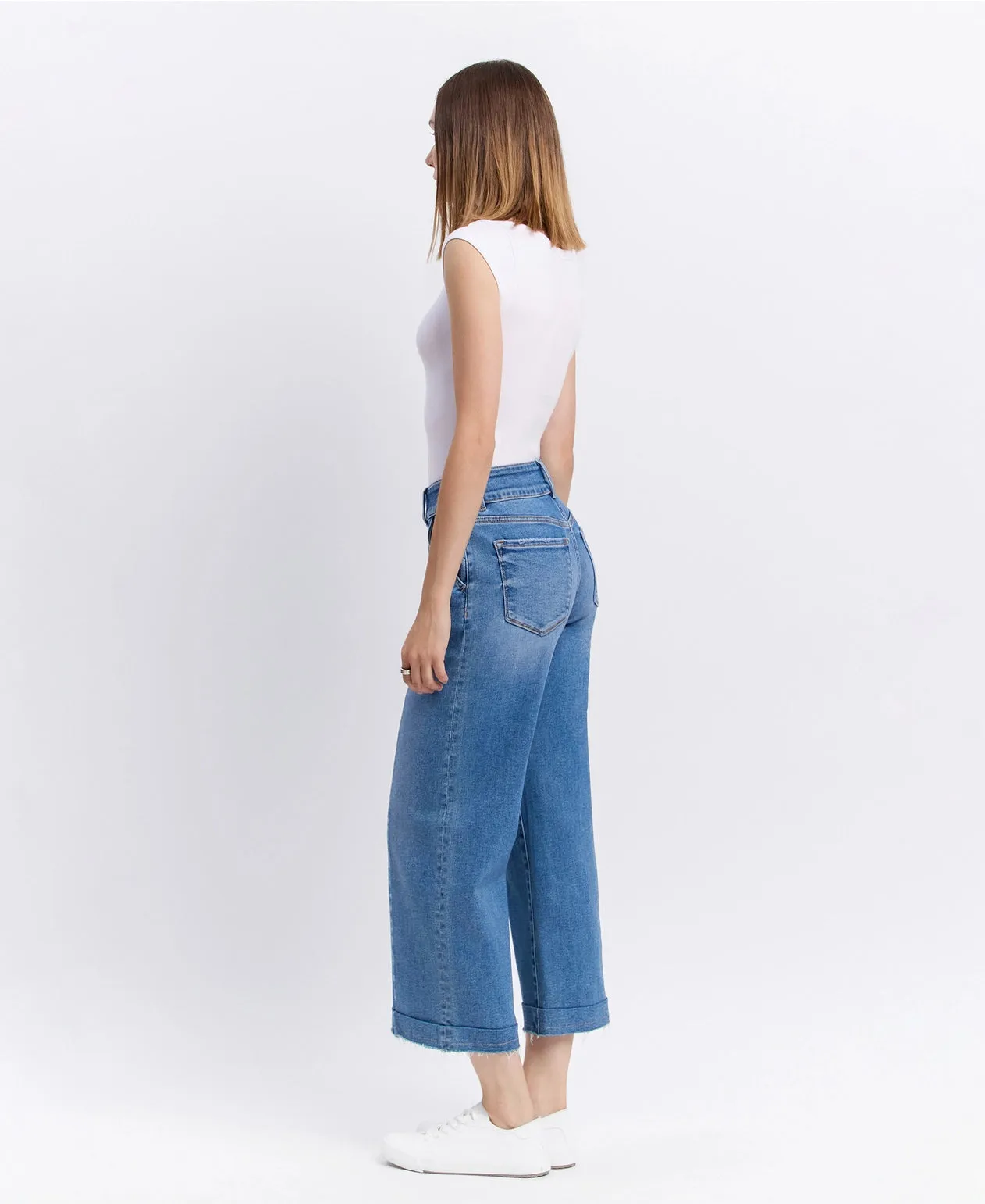High Rise Two Buttons Trouser Hem Wide Jeans