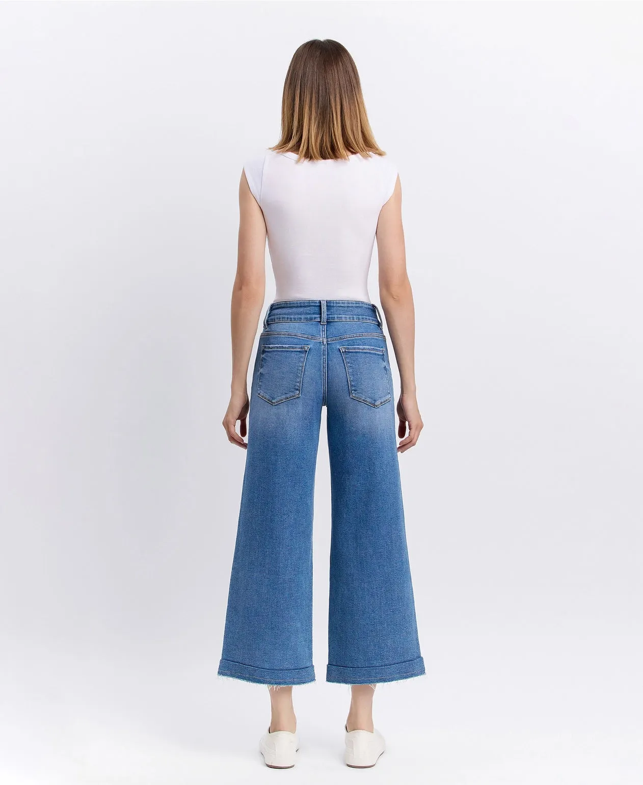 High Rise Two Buttons Trouser Hem Wide Jeans