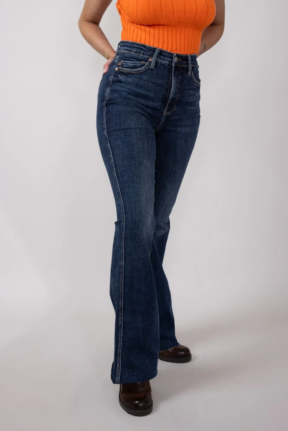 Judy Blue High Rise Contrast Dark Wash Flare Jeans for Women | 88882REG