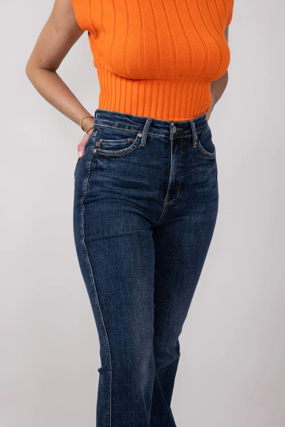 Judy Blue High Rise Contrast Dark Wash Flare Jeans for Women | 88882REG