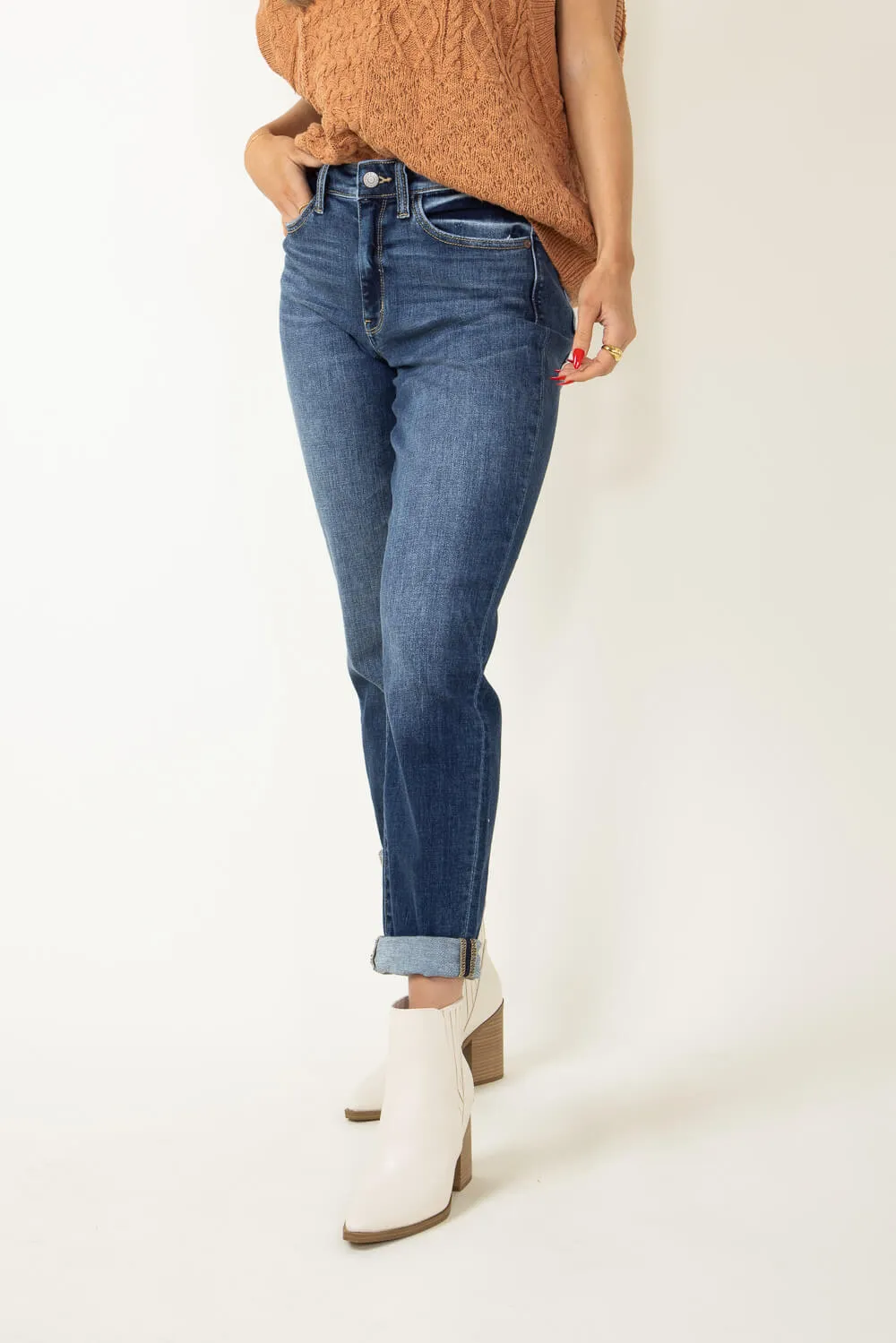 Judy Blue Mid Rise Cuffed Boyfriend Jeans for Women | 82368REG