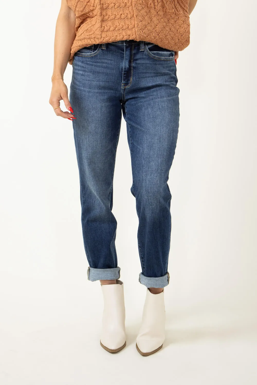 Judy Blue Mid Rise Cuffed Boyfriend Jeans for Women | 82368REG