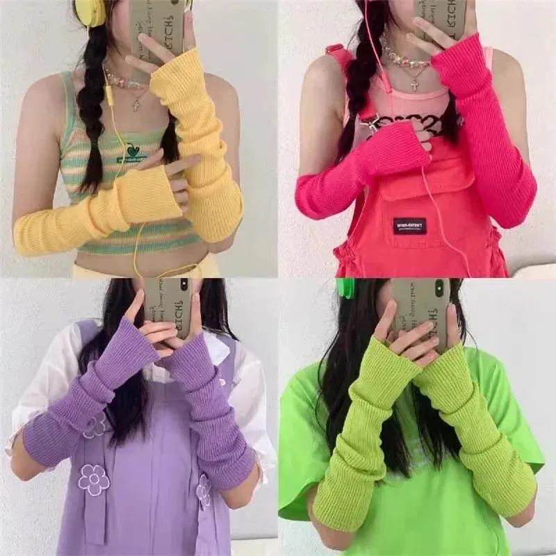 Knitted Long Fingerless Gloves Women Mitten Winter Y2K Solid Arm Warmer Sleeves Fashion Casual Soft Girls Clothes Punk Glove