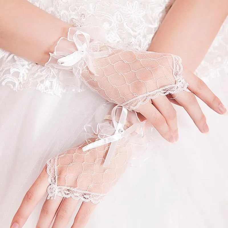 Lace Bowknot Fingerless Cheap Short Wedding Gloves | Bridelily