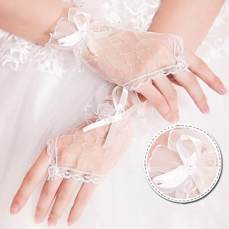 Lace Bowknot Fingerless Cheap Short Wedding Gloves | Bridelily