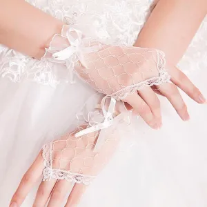 Lace Bowknot Fingerless Cheap Short Wedding Gloves | Bridelily