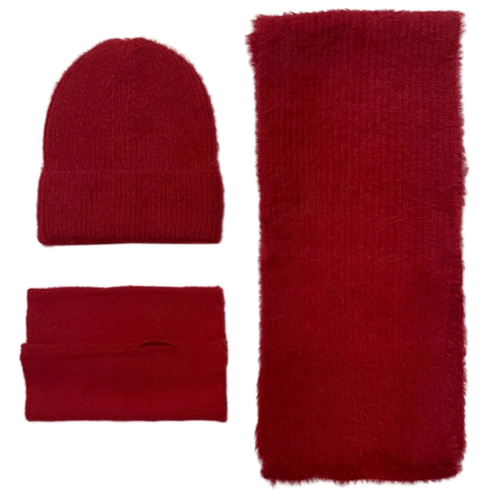 Ladies Fluffy Knitted Scarf, Hat & Fingerless Glove Set - Red